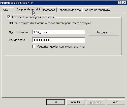 Propriétés de sites FTP